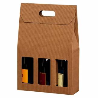 Gave&aelig;ske til vin, udvendig dim: 270 x 90 x 410 mm, indre dim: 270 x 90 x 380 mm 1-lags,B-flute, s&aelig;rligt design med h&aring;ndtag, Kraftliner, brun, 3 fl. pakke a 20 stk