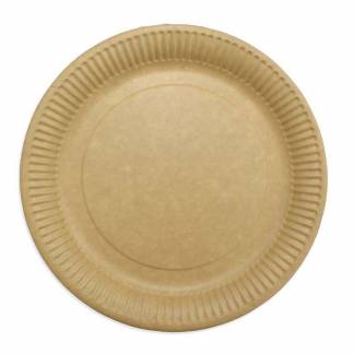 Tallerken frokost, Rund indvendig diameter 230.0 mm biologisk nedbrydeligt papir, brun komposterbar, pakke a 50 stk kasse a 8 pakker, palle a 40 kassees F&oslash;devaregodkendt