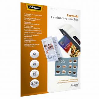Lamineringslomme, Fellowes EasyFold 80&micro;m, A3 transparent  kasse a 5 pakker