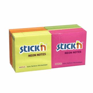 Notes, BNT Stick&acute;n, Neon, assorteret, 76 x76mm, pakke a 12 stk