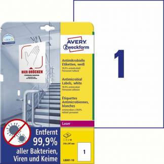 Laseretiket, Avery, 687818 210x297mm hvid, antal etiketter pr. ark : 1 pakke a 10 stk