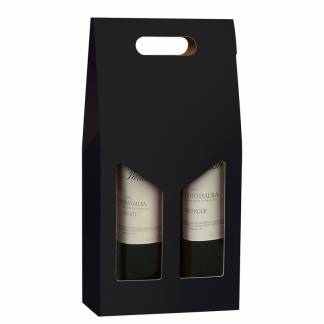 Gave&aelig;ske til vin, udvendig dim: 380 x 180 x 90 mm, indre dim: 180 x 90 x 380 mm, 1-lags,B-flute, s&aelig;rligt design med h&aring;ndtag, Kraftliner, sort, 2 flasker pakke a 20 stk