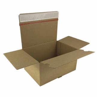 Post&aelig;ske, indre dim: 165 x 135 x 75 mm 1-lags,E-flute, 2.000 mm, FEFCO 0701 m/Automatbund selvkl&aelig;bende lukning, afrivnin, brun bundt a 20 stk, palle 3840 stk FSC Mix 70\%