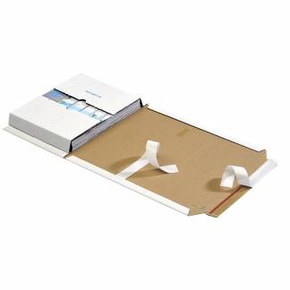 Bogomslag, Multiwell justerbar H: 10-50mm, 330 x 270 mm langsiden &aring;ben, med selvkl&aelig;bende flap selvkl&aelig;bende lukning, afrivnin, B&oslash;lgepap B-flute, white, v&aelig;gt: 0.157 kg bundt a 25 stk, palle a 1200 stk FSC Mix 70\%