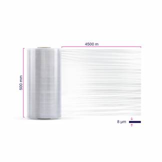 Maskinstr&aelig;kfilm, AXIO, Superkraft, cast 340% str&aelig;k, 8 &micro;m, 500 mm x 4500.00 m kernediameter: 76 mm, Kernel&aelig;ngde:515 mm LLD-PE, Indvendig ekstra kl&aelig;b transparent, rullev&aelig;gt: 17.50 kg l&oslash;st p&aring; palle, palle a 30 ruller