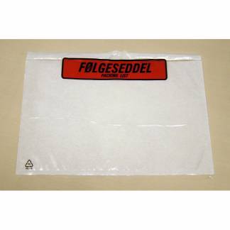 F&oslash;lgeseddellommer, C5, 235 x 175 mm transparent red-black printed Packing list, LD-PE karton a 1000 stk