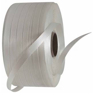 Strapb&aring;nd, Polyester, v&aelig;vet p&aring; langs 16 mm x 850.00 m, kernediameter: 76 mm brudstyrke styrke 486 kg, hvid rullev&aelig;gt: 4.44 kg, kasse a 2 ruller palle a 90 ruller