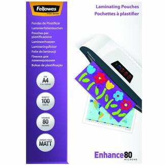 Lamineringslomme, Fellowes Premium, 80&micro;m Matt, A4 216x303mm transparent  pakke a 100 stk