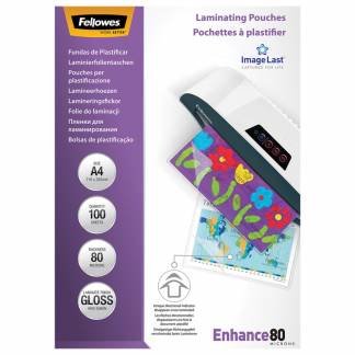 Lamineringslomme, Fellowes Premium, 80&micro;m Gloss, A4 216x303mm transparent  pakke a 100 stk