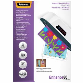 Selvkl&aelig;bende lamineringslommer, Fellowes Premium, 80&micro;m, Selvkl&aelig;bende transparent  pakke a 100 stk
