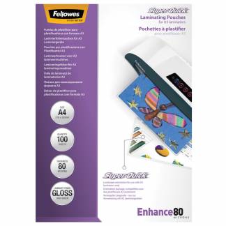Lamineringslomme, Fellowes Super Quick 80&micro;m, Gloss, A4 Highspeed 216x303mm transparent  pakke a 100 stk