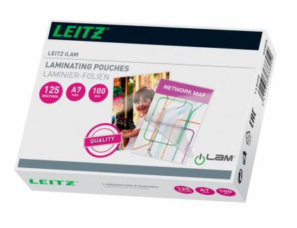Lamineringslomme, Leitz, 125&micro;m, A7 80x111mm transparent  pakke a 100 stk