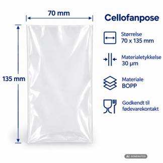 Cellofanpose, 30 &micro;m 70 x 135 mm, BOPP, transparent pakke a 1000 stk, palle 100 pakker palle a 100 kartoner, F&oslash;devaregodkendt