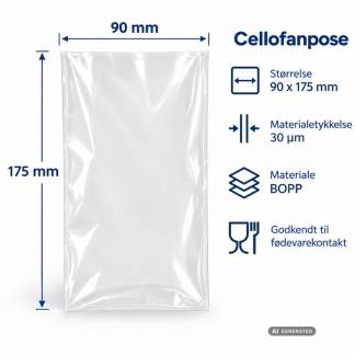 Cellofanpose, 30 &micro;m 90 x 175 mm, BOPP, transparent pakke a 1000 stk, palle 100 pakker palle a 100 kartoner, F&oslash;devaregodkendt