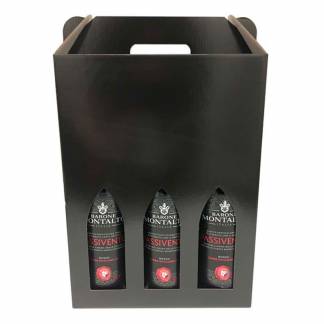 Forsendelseskasse til vinflask udvendig dim: 340 x 255 x 174 mm indre dim: 340 x 255 x 174 mm, 1-lags E-flute, s&aelig;rligt design, Kraftliner brun, Yderkasse til 6 flasker bundt a 10 stk, palle a 480 stk