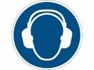 Advarselsklistermærke Anvend hørebeskyttelse Ø43cm 0,4mm blå/hvid