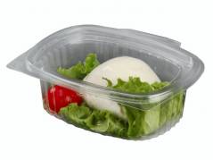 Plastbakke m/h&aelig;ngslet l&aring;g oval A-PET 250ml 50stk/pak