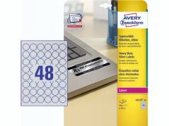 Laseretiket Avery st&aelig;rk s&oslash;lv &Oslash;30mm 48stk/ark 20ark/pak