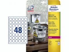 Laseretiket Avery st&aelig;rk hvid &Oslash;30mm 48stk/ark 20ark/pak