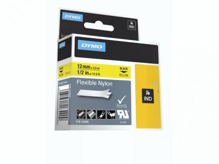 Labeltape DYMO Rhino 12mmx3,5m sort p&aring; gul nylon