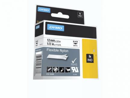 Labeltape DYMO Rhino 12mmx3,5m sort p&aring; hvid nylon