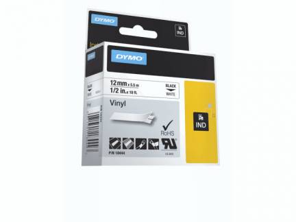 Labeltape Dymo Rhino 12mmx5,5m sort p&aring; hvid vinyl