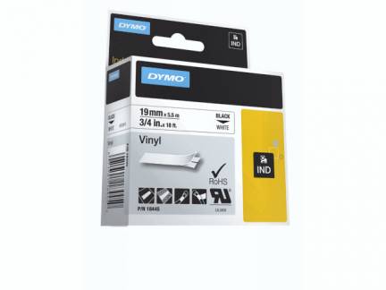 Labeltape DYMO Rhino 19mmx5,5m sort p&aring; hvid vinyl