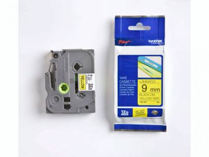 Labeltape Brother TZe-621 9mmx8m sort p&aring; gul lamineret