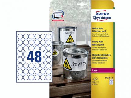 Laseretiket Avery st&aelig;rk hvid &Oslash;30mm 48stk/ark 20ark/pak