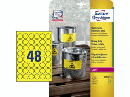 Laseretiket Avery st&aelig;rk gul &Oslash;30mm 48stk/ark 20ark/pak