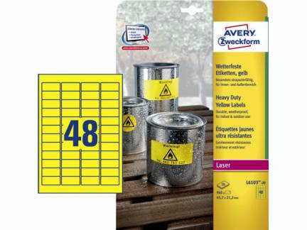 Laseretiket Avery st&aelig;rk gul 45,7x21,2mm 48stk/ark 20ark/pak
