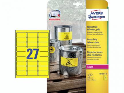 Laseretiket Avery st&aelig;rk gul 63,5x29,6mm 27stk/ark 20ark/pak