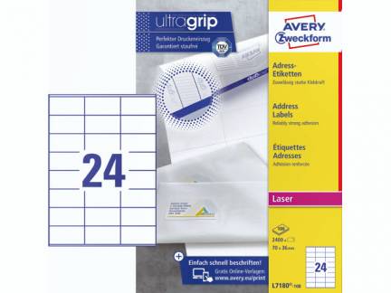 Laseretiket Avery 70x36mm 24/ark 100ark/pak L7180