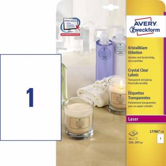 Laseretiket Avery Crystal Clea 210x297mm 1/ark 25ark/pak 