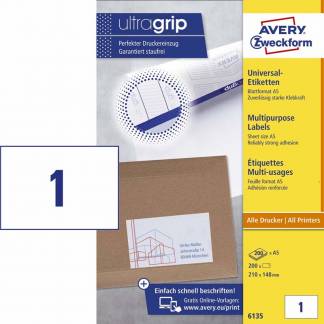 Laseretiket Avery A5 210x148mm 1/ark 200ark/pak 6135 