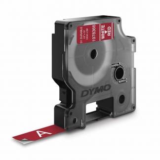 Labeltape Dymo D1 ekstra stærk 12mmx3m hvid på rød 