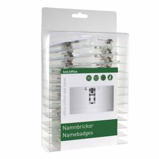 Navneskilte bnt 40x75mm m/clip, nål & indstik 50stk/pak