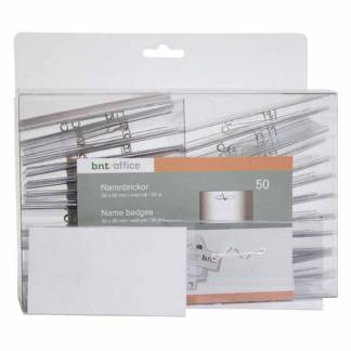 Navneskilte 50x90 mm m/nål sikkerhedsnål & papindlæg hvid 