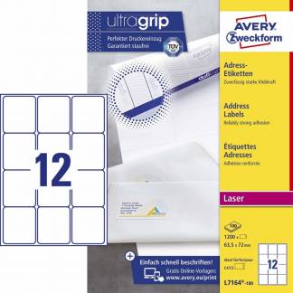 Laseretiket Avery 63,5x72mm 12/ark 100ark/pak L7164