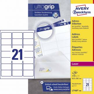 Laseretiket Avery 63,5x38,1mm 21/ark 100ark/pak L7160