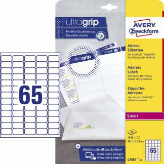 Laseretiket Avery 38,1x21,2mm 65/ark 25ark/pak L7651