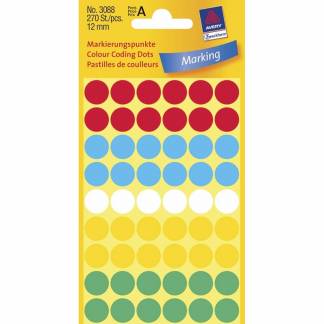 Etiket Avery ass. farver Ø12mm 3088 270stk/pak 