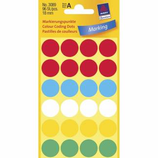 Etiket Avery ass. farver Ø18mm 3089 96stk/pak