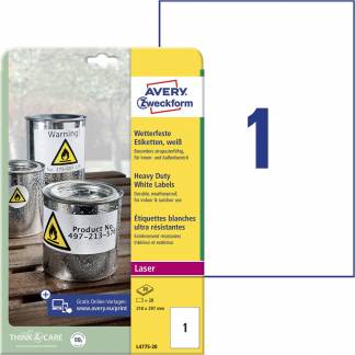 Avery L4775-20 etiket 210x297mm polyester hvid 