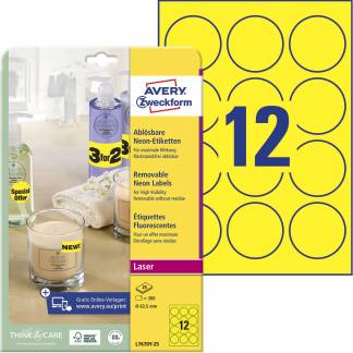 Avery L7670Y-25 etiket &Oslash;63,5mm neongul