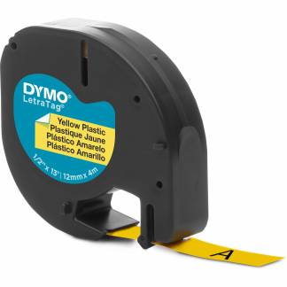 Dymo Letratag plasttape 12mm sort/gul 