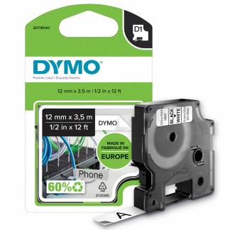 Dymo D1 nylontape 12mmx3,5m sort/hvid 