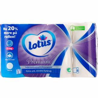 Lotus Premium k&oslash;kkenrulle 3Lag hvid, 8 ruller