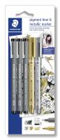 Fineliner pigment liner sort + s&oslash;lv og guld (3+2)
