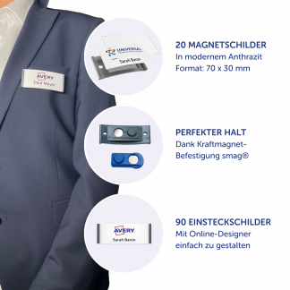 Navneskilt m/magnet Badgepoint 70x30mm grå ramme 20 stk. 